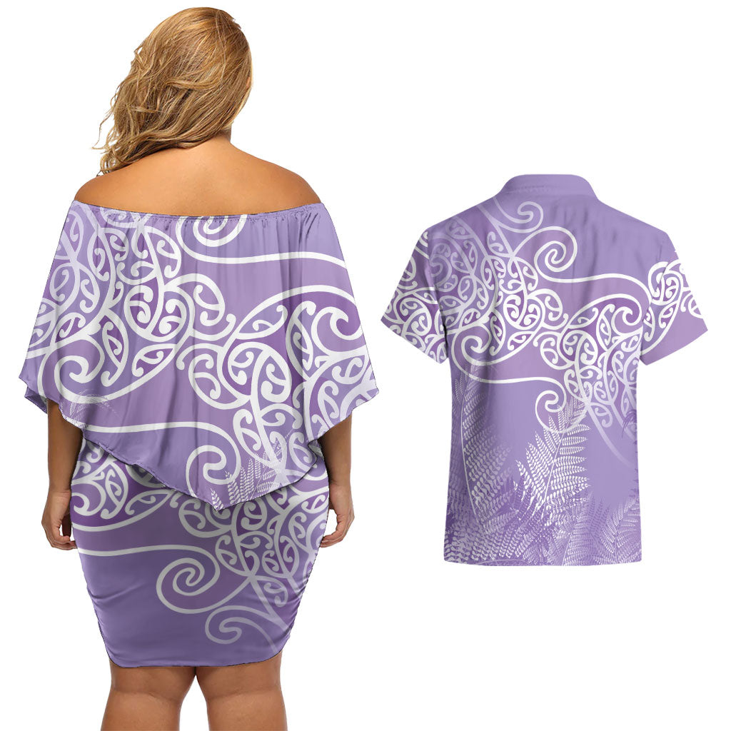 Aotearoa Maori Koru Curves Couples Matching Off Shoulder Short Dress and Hawaiian Shirt Silver Ferns - Amethyst