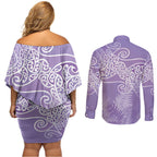 Aotearoa Maori Koru Curves Couples Matching Off Shoulder Short Dress and Long Sleeve Button Shirt Silver Ferns - Amethyst