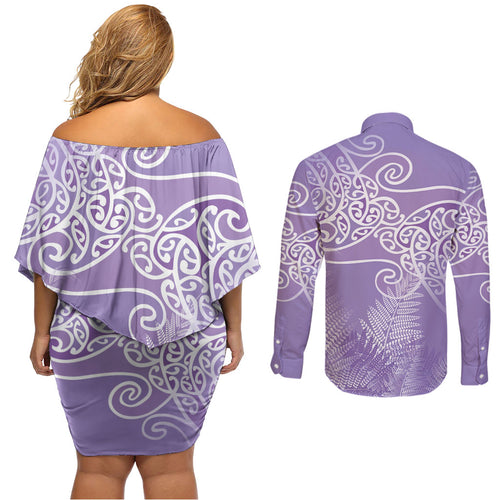 Aotearoa Maori Koru Curves Couples Matching Off Shoulder Short Dress and Long Sleeve Button Shirt Silver Ferns - Amethyst