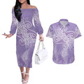 Aotearoa Maori Koru Curves Couples Matching Off The Shoulder Long Sleeve Dress and Hawaiian Shirt Silver Ferns - Amethyst