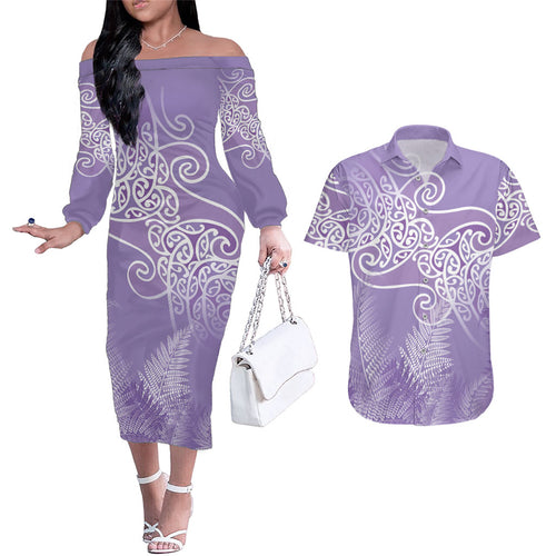 Aotearoa Maori Koru Curves Couples Matching Off The Shoulder Long Sleeve Dress and Hawaiian Shirt Silver Ferns - Amethyst