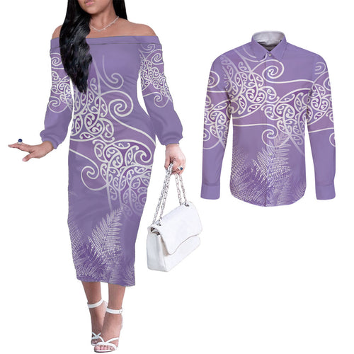 Aotearoa Maori Koru Curves Couples Matching Off The Shoulder Long Sleeve Dress and Long Sleeve Button Shirt Silver Ferns - Amethyst