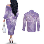 Aotearoa Maori Koru Curves Couples Matching Off The Shoulder Long Sleeve Dress and Long Sleeve Button Shirt Silver Ferns - Amethyst