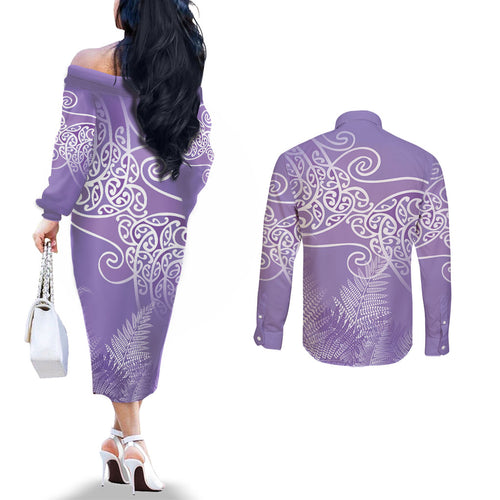Aotearoa Maori Koru Curves Couples Matching Off The Shoulder Long Sleeve Dress and Long Sleeve Button Shirt Silver Ferns - Amethyst