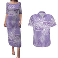 Aotearoa Maori Koru Curves Couples Matching Puletasi and Hawaiian Shirt Silver Ferns - Amethyst