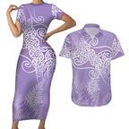 Aotearoa Maori Koru Curves Couples Matching Short Sleeve Bodycon Dress and Hawaiian Shirt Silver Ferns - Amethyst