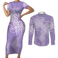 Aotearoa Maori Koru Curves Couples Matching Short Sleeve Bodycon Dress and Long Sleeve Button Shirt Silver Ferns - Amethyst
