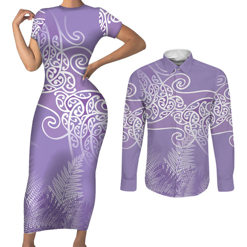 Aotearoa Maori Koru Curves Couples Matching Short Sleeve Bodycon Dress and Long Sleeve Button Shirt Silver Ferns - Amethyst