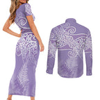 Aotearoa Maori Koru Curves Couples Matching Short Sleeve Bodycon Dress and Long Sleeve Button Shirt Silver Ferns - Amethyst