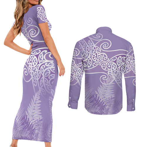 Aotearoa Maori Koru Curves Couples Matching Short Sleeve Bodycon Dress and Long Sleeve Button Shirt Silver Ferns - Amethyst