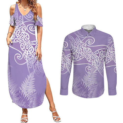 Aotearoa Maori Koru Curves Couples Matching Summer Maxi Dress and Long Sleeve Button Shirt Silver Ferns - Amethyst