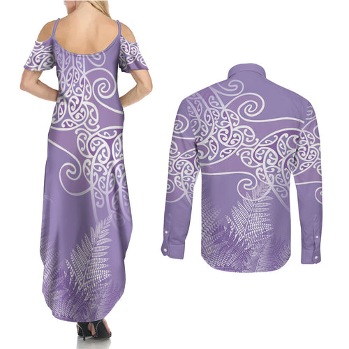 Aotearoa Maori Koru Curves Couples Matching Summer Maxi Dress and Long Sleeve Button Shirt Silver Ferns - Amethyst