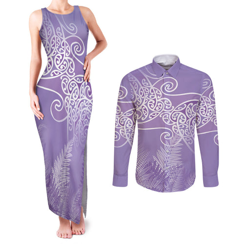 Aotearoa Maori Koru Curves Couples Matching Tank Maxi Dress and Long Sleeve Button Shirt Silver Ferns - Amethyst
