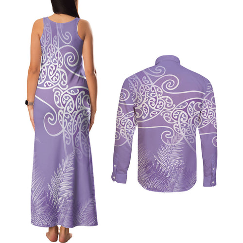 Aotearoa Maori Koru Curves Couples Matching Tank Maxi Dress and Long Sleeve Button Shirt Silver Ferns - Amethyst