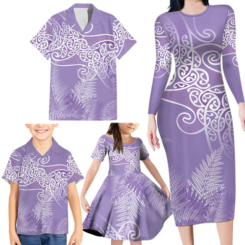 Aotearoa Maori Koru Curves Family Matching Long Sleeve Bodycon Dress and Hawaiian Shirt Silver Ferns - Amethyst