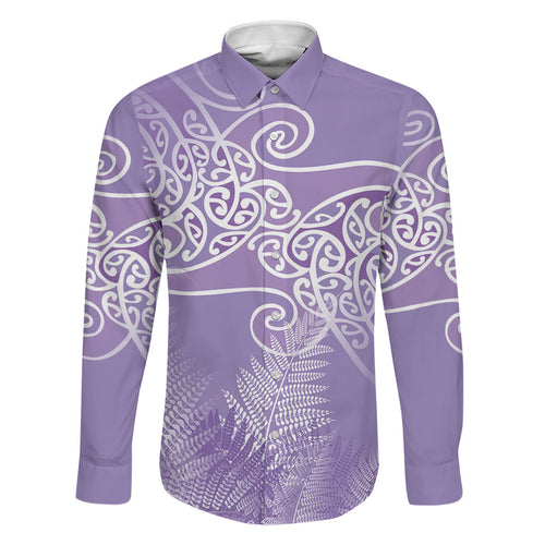Aotearoa Maori Koru Curves Family Matching Long Sleeve Bodycon Dress and Hawaiian Shirt Silver Ferns - Amethyst