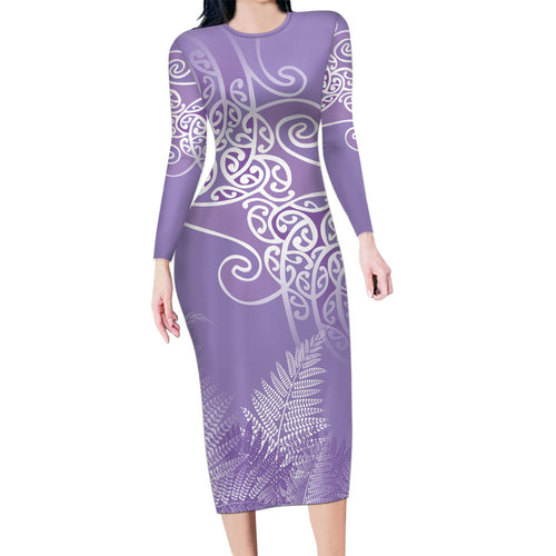 Aotearoa Maori Koru Curves Family Matching Long Sleeve Bodycon Dress and Hawaiian Shirt Silver Ferns - Amethyst