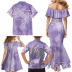Aotearoa Maori Koru Curves Family Matching Mermaid Dress and Hawaiian Shirt Silver Ferns - Amethyst