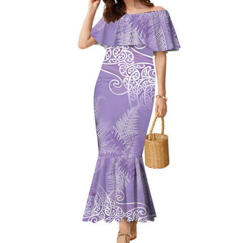 Aotearoa Maori Koru Curves Family Matching Mermaid Dress and Hawaiian Shirt Silver Ferns - Amethyst