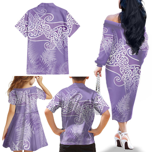 Aotearoa Maori Koru Curves Family Matching Off The Shoulder Long Sleeve Dress and Hawaiian Shirt Silver Ferns - Amethyst