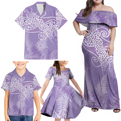 Aotearoa Maori Koru Curves Family Matching Off Shoulder Maxi Dress and Hawaiian Shirt Silver Ferns - Amethyst