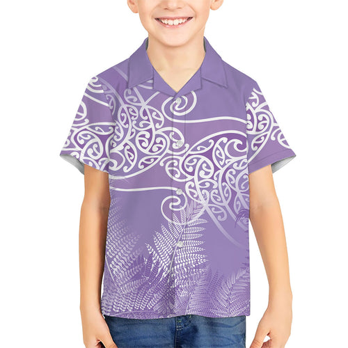 Aotearoa Maori Koru Curves Family Matching Off Shoulder Short Dress and Hawaiian Shirt Silver Ferns - Amethyst