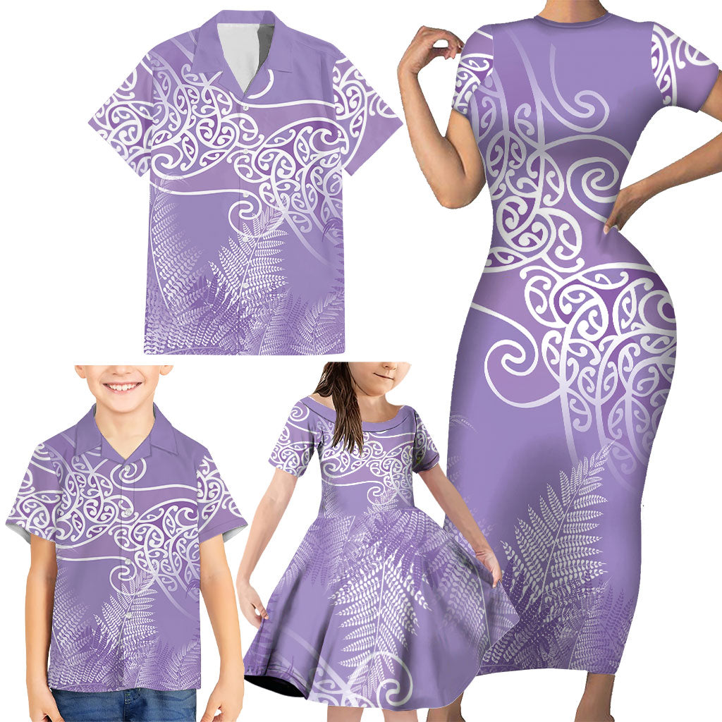 Aotearoa Maori Koru Curves Family Matching Short Sleeve Bodycon Dress and Hawaiian Shirt Silver Ferns - Amethyst