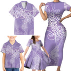 Aotearoa Maori Koru Curves Family Matching Short Sleeve Bodycon Dress and Hawaiian Shirt Silver Ferns - Amethyst