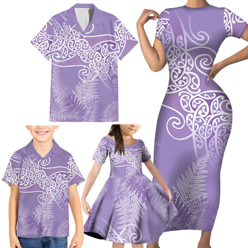 Aotearoa Maori Koru Curves Family Matching Short Sleeve Bodycon Dress and Hawaiian Shirt Silver Ferns - Amethyst