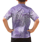 Aotearoa Maori Koru Curves Family Matching Short Sleeve Bodycon Dress and Hawaiian Shirt Silver Ferns - Amethyst