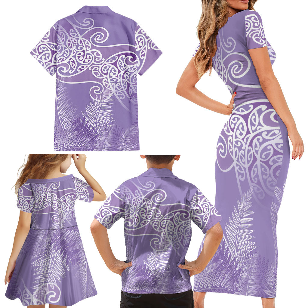 Aotearoa Maori Koru Curves Family Matching Short Sleeve Bodycon Dress and Hawaiian Shirt Silver Ferns - Amethyst