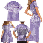 Aotearoa Maori Koru Curves Family Matching Short Sleeve Bodycon Dress and Hawaiian Shirt Silver Ferns - Amethyst