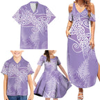 Aotearoa Maori Koru Curves Family Matching Summer Maxi Dress and Hawaiian Shirt Silver Ferns - Amethyst