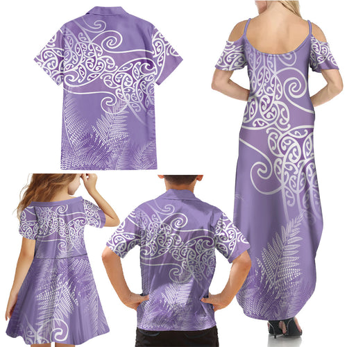 Aotearoa Maori Koru Curves Family Matching Summer Maxi Dress and Hawaiian Shirt Silver Ferns - Amethyst