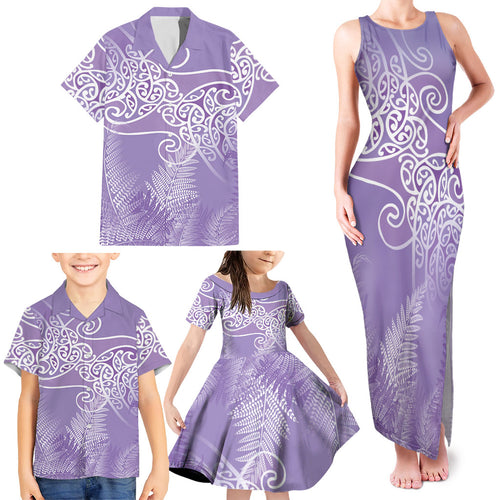 Aotearoa Maori Koru Curves Family Matching Tank Maxi Dress and Hawaiian Shirt Silver Ferns - Amethyst