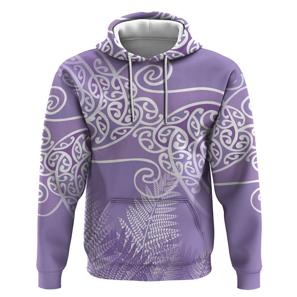 Aotearoa Maori Koru Curves Hoodie Silver Ferns - Amethyst