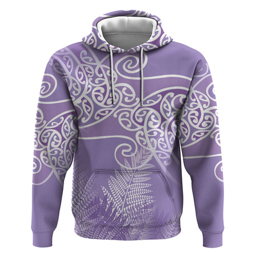 Aotearoa Maori Koru Curves Hoodie Silver Ferns - Amethyst