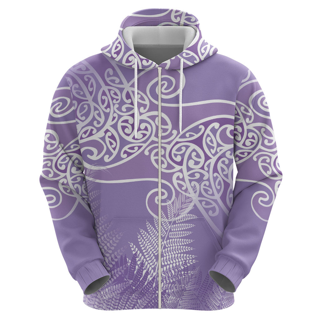 Aotearoa Maori Koru Curves Hoodie Silver Ferns - Amethyst