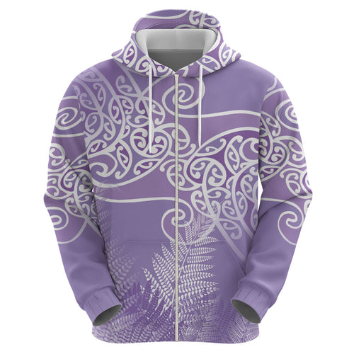 Aotearoa Maori Koru Curves Hoodie Silver Ferns - Amethyst