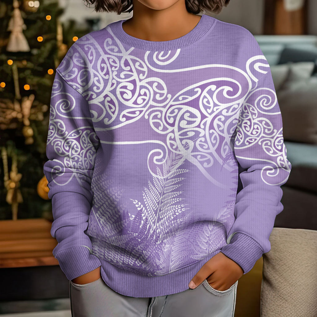 Aotearoa Maori Koru Curves Kid Ugly Christmas Sweater Silver Ferns - Amethyst