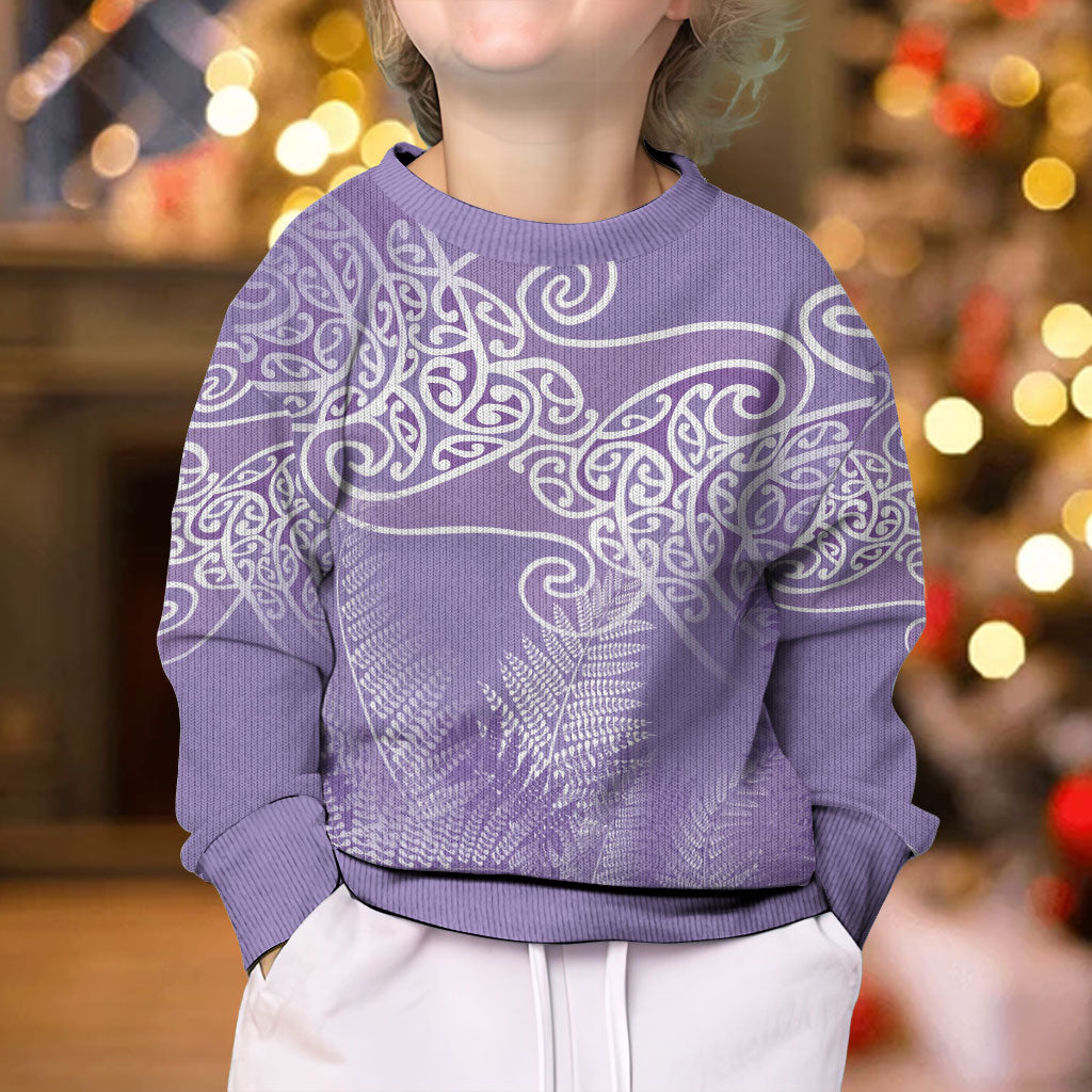 Aotearoa Maori Koru Curves Kid Ugly Christmas Sweater Silver Ferns - Amethyst