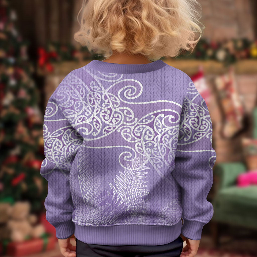 Aotearoa Maori Koru Curves Kid Ugly Christmas Sweater Silver Ferns - Amethyst