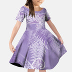 Aotearoa Maori Koru Curves Kid Short Sleeve Dress Silver Ferns - Amethyst