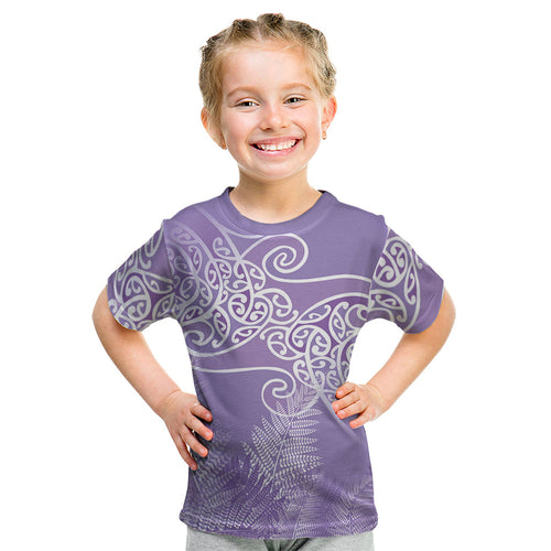 Aotearoa Maori Koru Curves Kid T Shirt Silver Ferns - Amethyst
