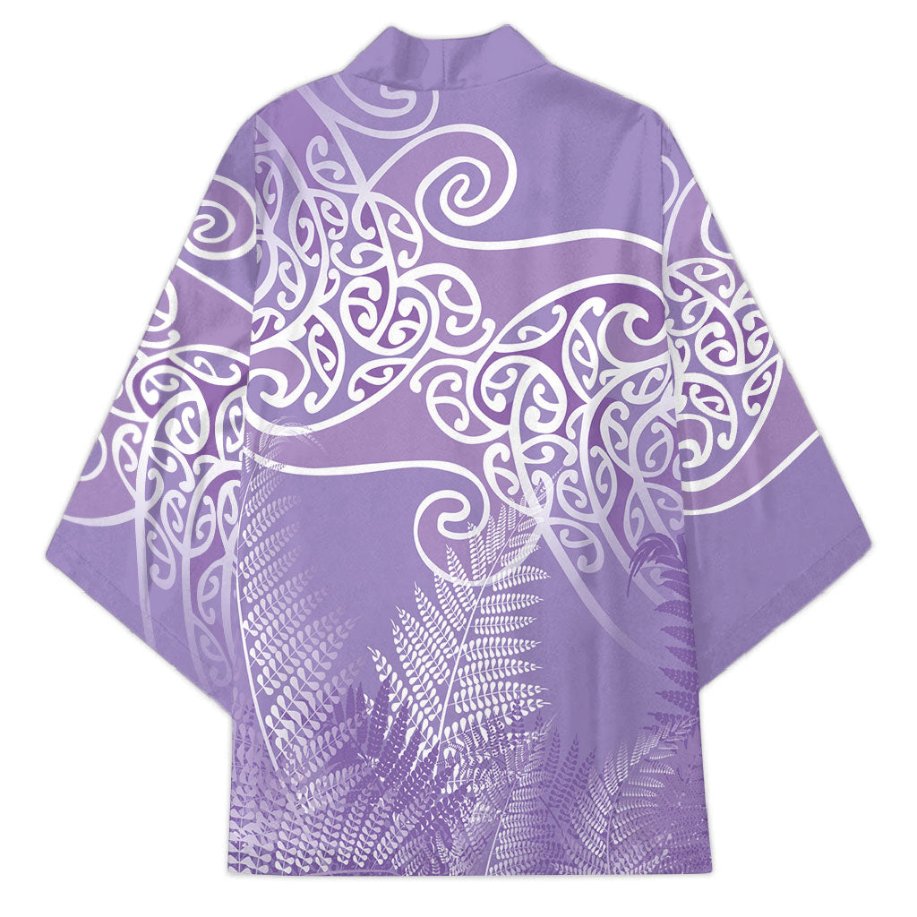 Aotearoa Maori Koru Curves Kimono Silver Ferns - Amethyst