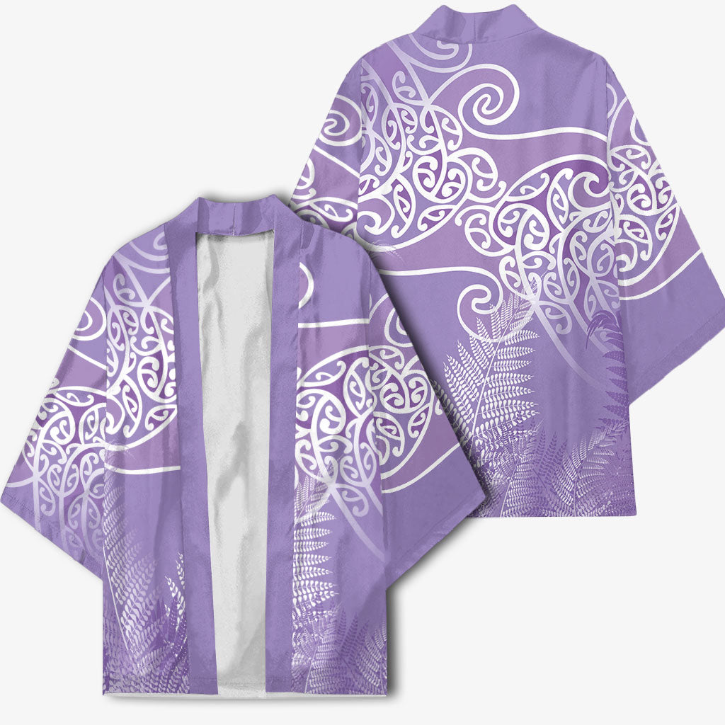 Aotearoa Maori Koru Curves Kimono Silver Ferns - Amethyst