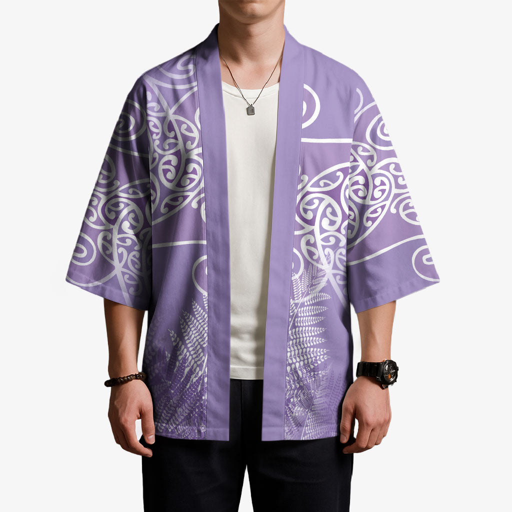 Aotearoa Maori Koru Curves Kimono Silver Ferns - Amethyst