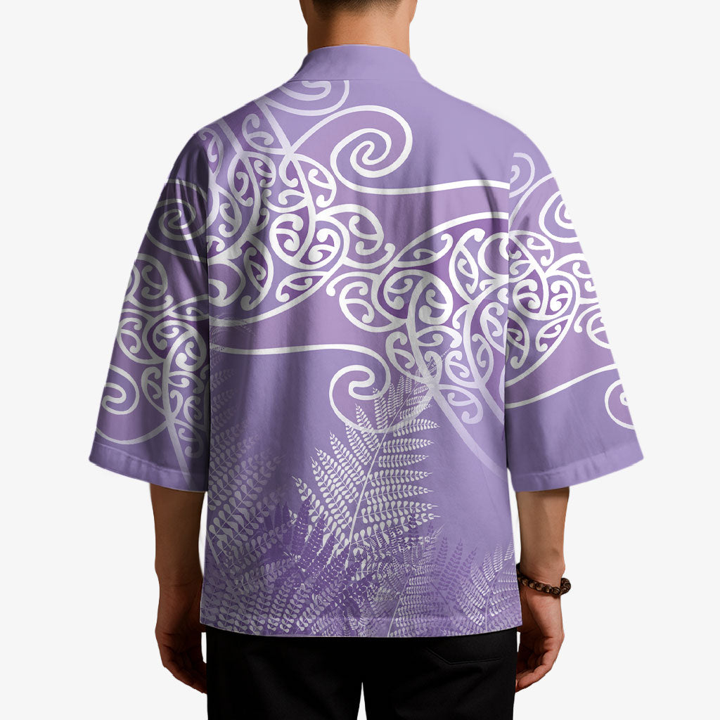 Aotearoa Maori Koru Curves Kimono Silver Ferns - Amethyst