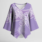 Aotearoa Maori Koru Curves Kimono Sleeve Blouse Silver Ferns - Amethyst
