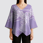 Aotearoa Maori Koru Curves Kimono Sleeve Blouse Silver Ferns - Amethyst